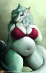  2021 anthro big_breasts bra breasts clothing female fur green_body green_fur green_hair hair hand_on_chest kneeling looking_at_viewer navel overweight overweight_anthro overweight_female panties purple_eyes sergal slightly_chubby slipperycupcake smile solo underwear white_body white_fur 