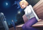  1boy 1girl arcueid_brunestud bench blonde_hair blush breasts crescent dutch_angle from_side lamppost large_breasts miyai_sen park park_bench purple_skirt red_eyes short_hair skirt skyline smile solo sweater tohno_shiki tree tsukihime turtleneck turtleneck_sweater type-moon white_sweater 