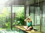  1girl aqua_flower aqua_shirt arms_up black_shorts chutohampa crossed_legs dappled_sunlight leaf original outdoors parted_lips plant shadow shirt short_sleeves shorts signature sitting solo sunlight towel 