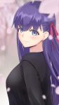  1girl absurdres bangs blush breasts fate/stay_night fate_(series) hair_ribbon highres large_breasts long_hair long_sleeves looking_at_viewer matou_sakura particle_sfs purple_eyes purple_hair red_ribbon ribbon smile solo upper_body 