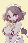  accessory animal_print anthro bell bell_collar big_breasts bovid bovine breasts cleavage clothed clothing collar cow_print cowbell ear_tag female hair_accessory hairclip hi_res latte_(whisperingfornothing) mammal pinkcappachino solo 