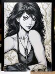  1girl black_eyes black_gloves black_hair black_tank_top collarbone dated death_(sandman) earrings gloves highres jewelry long_hair necklace pale_skin parted_lips photo_(medium) signature skull solo stanley_lau tank_top the_sandman_(dc) traditional_media upper_body 