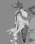  2019 anthro anthro_on_anthro beastars biped bisexual blush canid canine canis cervid clothed clothing female greyscale group group_sex haru_(beastars) hi_res interspecies lagomorph larger_male legoshi_(beastars) leporid louis_(beastars) male male/female male/male mammal monochrome nekokat42 nervous rabbit sex size_difference threesome trio underwear undressing wolf 
