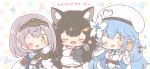  3girls ahoge animal_ear_fluff animal_ears baby_bottle bangs beret black_hair blue_hair bottle chibi closed_eyes commentary_request flower green_eyes hair_flower hair_ornament hat heart heart_ahoge highres holding holding_bottle holding_rattle holding_spatula hololive long_hair mitarashi_neko multiple_girls one_eye_closed ookami_mio open_mouth polka_dot polka_dot_background rattle shirogane_noel silver_hair spatula tail virtual_youtuber white_headwear wolf_ears wolf_tail yellow_eyes yukihana_lamy 