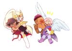  1boy 3girls adora_(she-ra) angel_wings animal_ears blonde_hair blush boots bow_(she-ra) carrying cat_ears cat_girl cat_tail catra chibi circlet claws couple crossed_arms dark_skin dark_skinned_male glimmer_(she-ra) heterochromia masters_of_the_universe multiple_girls pink_hair ponytail princess_carry quiver she-ra_and_the_princesses_of_power short_hair simple_background sleeveless smile su_ggushi tail tiara toeless_legwear wings 