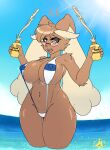  2021 5_fingers anthro anthrofied big_breasts bikini black_sclera blush breasts brown_body brown_fur camel_toe clothed clothing curvy_figure day eyewear female fingers fur glasses hi_res lopunny nintendo nipple_outline open_mouth outside partially_submerged pok&eacute;mon pok&eacute;mon_(species) pok&eacute;morph portrait signature skimpy sling_bikini solo solsticeholt standing sunscreen swimwear thick_thighs three-quarter_portrait video_games voluptuous water wide_hips 