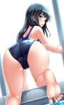  1girl all_fours alternate_costume asashio_(kancolle) ass ass_focus barefoot black_hair blue_eyes blue_swimsuit blush breasts climbing closed_eyes competition_school_swimsuit day eyebrows_visible_through_hair feet from_behind hair_between_eyes highres indoors kantai_collection long_hair looking_at_viewer looking_back one-piece_swimsuit open_mouth pool poolside rei_no_pool small_breasts solo swimsuit thighs toes tsuchimiya water wet wet_clothes wet_swimsuit 
