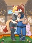  &lt;3 anthro avian billiard_table blonde_hair blue_eyes blush borderlands brown_hair canid canine clothed clothing dear duo female fox fur gradient_background hair hi_res lagomorph leporid male male/female mammal navel public rabbit red_eyes simple_background smile tasticstarlight video_games 