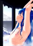  1girl absurdres armpits arms_up bathing blue_hair blush breasts closed_eyes closed_mouth completely_nude day from_side highres hinanawi_tenshi indica long_hair nipples nude onsen outdoors partially_submerged small_breasts smile solo steam straight_hair stretch touhou very_long_hair water winter 
