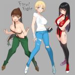  3girls :o beltbra between_breasts black_hair black_legwear blonde_hair blue_eyes blue_pants breasts brown_hair cleavage cody_travers commentary_request crossed_arms final_fight full_body genderswap genderswap_(mtf) green_pants grey_background guy_(final_fight) large_breasts long_hair looking_at_viewer mike_haggar multiple_girls open_mouth panties pants poppuqn red_eyes shirt short_hair simple_background standing t-shirt thighhighs torn_clothes underwear white_panties white_shirt yellow_eyes 