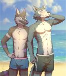  2021 5_fingers anthro beach beastars biped black_nose blush canid canine canis clothed clothing cloud detailed_background digital_media_(artwork) dl_wolf_(dl2288) duo fingers fur grey_body grey_fur hand_holding humanoid_hands legoshi_(beastars) looking_up male mammal purple_body purple_eyes purple_fur purple_nose sea seaside sky smile standing swimming_trunks swimwear tommysamash topless water white_body white_fur wolf 