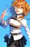  1girl blue_background chaldea_logo chaldea_uniform command_spell dutch_angle fate/grand_order fate_(series) fujimaru_ritsuka_(female) hair_between_eyes hair_ornament hair_scrunchie highres looking_at_viewer miniskirt orange_eyes orange_hair orange_scrunchie pantyhose piyo_(hapitannkobu) scrunchie short_hair side_ponytail skirt smile solo 