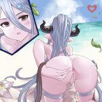  1girl all_fours anus ass back bangs bare_shoulders beach blue_sky blush bottomless breasts brown_eyes draph flower granblue_fantasy hair_between_eyes hair_ornament hand_on_own_ass highres iiros izmir large_breasts leaf long_hair looking_at_viewer mole mole_under_mouth open_mouth pointy_ears ponytail pussy silver_hair sky snowflake_hair_ornament swimsuit thigh_strap thighs very_long_hair white_swimsuit 