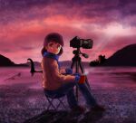  1girl blue_gloves blue_pants blue_scarf brown_jacket camera castle chutohampa cloud cryptid from_behind gloves hat jacket loch_ness_monster long_sleeves looking_at_viewer looking_back original pants red_theme reflection scarf signature solo steam water 