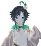  1boy androgynous bangs black_hair blue_eyes blue_hair bow braid cape collared_cape flower genshin_impact gradient_hair hair_flower hair_ornament highres holding holding_cape leaf looking_at_viewer male_focus midriff multicolored_hair naked_cape navel nipples open_mouth short_hair_with_long_locks simple_background solo tatsu_(all666dead) twin_braids venti_(genshin_impact) white_background white_flower 