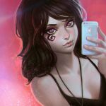  1girl black_eyes black_hair death_(sandman) holding holding_phone ilya_kuvshinov long_hair looking_at_viewer phone pink_background pink_eyes solo spiral the_sandman_(dc) upper_body 