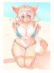  2021 5_fingers absurd_res accessory anthro areola big_breasts bikini blonde_hair blue_eyes blush breasts canid canine cleavage clothed clothing cute_fangs dipstick_tail female fingers fox fur hair hair_accessory hairband hi_res huge_breasts jewelry kemono kneeling looking_away mammal momomofura multicolored_body multicolored_fur multicolored_hair multicolored_tail navel necklace nipple_outline short_hair solo swimwear white_body white_fur white_hair yellow_body yellow_fur 