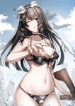 1girl absurdres aircraft bare_shoulders bikini black_bikini black_hair blue_eyes blue_sky bow breasts city cleavage collarbone drill eyebrows_visible_through_hair from_behind girls_frontline gun hair_bow highres holding holding_weapon howa_type_64_(girls_frontline) long_hair looking_at_viewer lubikaya1 medium_breasts navel one_eye_closed open_mouth rifle simple_background sky solo standing swimsuit water weapon white_bow 