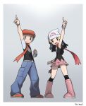  1boy 1girl :d arm_up artist_name beanie black_hair black_legwear boots border bracelet clenched_hand dawn_(pokemon) eyelashes grey_eyes grey_pants hair_ornament hairclip hat highres index_finger_raised jewelry long_hair lucas_(pokemon) open_mouth over-kneehighs pants pokemon pokemon_(game) pokemon_dppt red_scarf scarf shoes short_sleeves smile thighhighs tongue white_border white_headwear yoshi_(moco1) 
