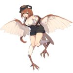  1girl bangs bare_shoulders black_headwear black_overalls breasts brown_eyes brown_feathers brown_hair brown_wings commentary_request feathered_wings feathers flat_cap hair_between_eyes harpy hat highres lansane monster_girl open_mouth original overalls ponytail short_hair simple_background small_breasts solo talons white_background white_feathers white_wings winged_arms wings 