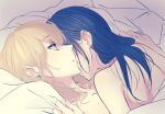  2girls aihara_mei aihara_yuzu bangs bed black_hair blonde_hair citrus_(saburouta) collarbone earrings eyebrows_visible_through_hair girl_on_top glidesloe green_eyes highres jewelry kiss long_hair multiple_girls neck_kiss parted_lips yuri 