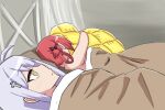  2girls 500_dollar_four_foot_tall_mareep ahoge bed blanket cross_hair_ornament eyebrows_visible_through_hair gabriel_dropout hair_ornament hair_rings hug indoors long_hair lying meme multiple_girls object_hug raphiel_shiraha_ainsworth red_hair satanichia_kurumizawa_mcdowell sleeping under_covers yuri 