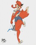  absurd_res anthro bucket canid canine clothing coffekitten dipstick_tail female footwear fox fur green_eyes hair hi_res mammal multicolored_tail open_mouth patty_foxy pigtails pinup pose red_body red_fur shoes simple_background smile solo topwear water 