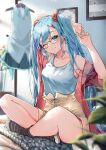  1girl ;) ahoge alternate_costume aqua-framed_eyewear aqua_eyes aqua_nails armpits arms_up bangs bare_shoulders bespectacled black_legwear blue_hair blue_tank_top blush book brown_shorts carpet closed_mouth glasses hair_ornament hair_scrunchie hairclip hatsune_miku high-waist_shorts indian_style indoors jacket kyashii_(a3yu9mi) long_hair looking_at_viewer nail_polish on_floor one_eye_closed open_book open_clothes open_jacket painting_(object) red_jacket scrunchie short_sleeves shorts sitting smile socks solo stretch tank_top twintails very_long_hair vocaloid 