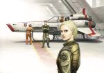  1girl 3boys battlestar_galactica blonde_hair brown_hair cable crossed_arms hair_behind_ear helmet kanefusa_hikaru kara_thrace lee_adama looking_at_viewer looking_back military military_uniform multiple_boys science_fiction short_hair smile space_craft starfighter uniform viper_(spacecraft) 