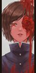  1girl alternate_eye_color blood brown_hair commentary flower flower_over_eye highres jujutsu_kaisen kugisaki_nobara lips one_eye_covered parted_lips rain_(roromi) red_eyes red_flower red_lips rose school_uniform short_hair solo 