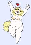  &lt;3 anthro belly big_belly blonde_hair canid canine canis domestic_dog eyes_closed eyewear female fur glasses hair hi_res inner_ear_fluff long_hair mammal maria_(wffl) nipples nude overweight overweight_female running_towards_viewer simple_background smile solo tuft white_body white_fur wide_hips 