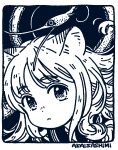  1girl :c akai_sashimi animal_ear_fluff animal_ears bangs blush border cat_ears closed_mouth creature curly_hair dark_background dot_nose expressionless eyebrows eyebrows_visible_through_hair floating_hair from_side hatching_(texture) linear_hatching long_hair looking_at_viewer looking_to_the_side monochrome nose_blush original portrait rounded_corners sailor_collar signature solo swept_bangs tareme white_border 