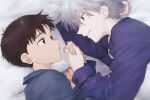  11kkr 2boys bed bed_sheet blue_eyes blue_pajamas blurry brown_hair buttons close-up closed_mouth colored_eyelashes depth_of_field dutch_angle eye_contact face face-to-face facing_away fingernails grey_hair grey_pajamas half-closed_eyes head_rest holding_hands ikari_shinji light_smile looking_at_another lying male_focus multiple_boys nagisa_kaworu neon_genesis_evangelion on_bed on_side pajamas pale_skin parted_lips pillow profile red_eyes under_covers upper_body yaoi 