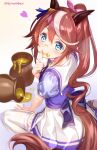  1girl :p animal_ears arm_support between_legs blue_eyes blue_shirt blush bow brown_hair closed_mouth commentary_request food food_on_face fujima_takuya hair_ornament hair_ribbon hand_between_legs heart honey horse_ears horse_girl horse_tail long_hair multicolored_hair pink_ribbon pleated_skirt ponytail puffy_short_sleeves puffy_sleeves purple_bow ribbon shirt short_sleeves sitting skirt smile solo streaked_hair tail thighhighs tokai_teio tongue tongue_out twitter_username umamusume very_long_hair wariza white_hair white_legwear white_skirt 