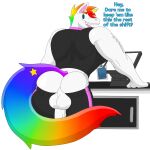  anthro balls clothed clothing dave_(character) dialogue equid equine exhibitionism genitals hair horn male mammal multicolored_hair muscular notkastar pants_down partially_clothed rainbow signature smile solo standing text unicorn 