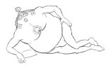  anthro asian_clothing beard bulge clothing east_asian_clothing facial_hair fundoshi hair hair_bun hand_on_hip japanese_clothing lying male one_piece overweight overweight_male pillow simple_background sketch solo teeth_showing thegreatmatsutzu underwear white_background 