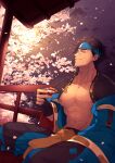  1boy aya_(pixiv73672) bare_pecs black_hair blue_hairband brown_eyes candle cherry_blossoms collarbone eyebrows glasses guilty_gear guilty_gear_strive hairband headband highres japanese_clothes looking_to_the_side mito_anji muscular muscular_male petals short_hair 