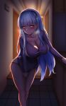  1girl absurdres azur_lane black_headwear black_panties blue_hair blush breasts cleavage cum cum_on_body cum_on_breasts cumdrip dido_(azur_lane) eyebrows_visible_through_hair hair_behind_ear highres indoors jewelry large_breasts long_hair looking_at_viewer necklace panties red_eyes solo sweat underwear urarasy 