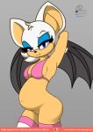  absurd_res arrowdark bat_wings belly big_belly big_ears bikini bikini_top chiropteran clothing female genitals hands_behind_head hi_res looking_at_viewer mammal membrane_(anatomy) membranous_wings pregnant pussy rouge_the_bat shaded simple_background simple_shading solo sonic_the_hedgehog_(series) stretching swimwear teeth wings 