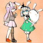  2girls animal_ears aqua_eyes bangs black_hairband black_jacket black_neckwear black_ribbon blazer bloomers bright_pupils bunny_ears bunny_tail commentary_request fake_animal_ears from_side full_body green_skirt green_vest hair_ribbon hairband highres jacket konpaku_youmu konpaku_youmu_(ghost) long_hair long_sleeves looking_at_another mokumoku22 multiple_girls pink_hair pink_skirt red_eyes red_footwear reisen_udongein_inaba ribbon shirt shoes short_hair short_sleeves skirt socks sweatdrop tail thumbs_up touhou underwear vest white_legwear white_pupils white_shirt 