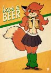  alcohol anthro beer beer_mug beverage black_bottomwear black_clothing black_skirt bottomwear breasts canid canine clothed clothing female footwear fox fox-pop green_eyes hi_res holding_object mammal nipples partially_clothed patty_foxy pigtails shoes skirt solo text topless 