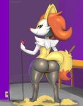  2021 3_toes anthro big_butt black_body black_fur braixen breasts bubble_butt butt canid diacordst electric_razor feet female fur hair half-closed_eyes hi_res holding_object inner_ear_fluff inside looking_at_viewer looking_back mammal mane motion_lines narrowed_eyes nintendo nude pok&eacute;mon pok&eacute;mon_(species) razor rear_view red_eyes red_hair red_nose shaved smile smirk solo standing stick thick_thighs toes tools tuft video_games white_body white_fur yellow_body yellow_fur 