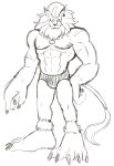  anthro barefoot black_and_white briefs claws clothed clothing digimon digimon_(species) ear_piercing ear_ring feet hand_on_hip jewelry leomon male monochrome muscular muscular_male necklace nipples piercing simple_background sketch smile solo thegreatmatsutzu topless underwear white_background 