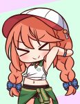  &gt;_&lt; 1girl armpits arms_up bangs baseball_cap black_shorts blue_bow blush bow braid brown_hair chibi closed_eyes closed_mouth clothes_around_waist collared_shirt eyebrows_visible_through_hair facing_viewer green_background green_jacket hair_between_eyes hair_bow hana_kazari hat highres jacket jacket_around_waist long_hair navel plaid plaid_bow princess_connect! princess_connect!_re:dive purple_background shirt short_shorts shorts sleeveless sleeveless_shirt smile solo tied_shirt twin_braids twintails two-tone_background v-shaped_eyebrows very_long_hair white_headwear white_shirt yuni_(princess_connect!) 