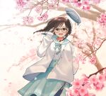  1girl black-framed_eyewear blurry blurry_background blush braid brown_eyes brown_hair cardigan cherry_blossoms closed_mouth flower glasses green_sailor_collar green_skirt hanabasami_kyou hand_in_hair hat long_hair long_sleeves looking_at_viewer morifumi pleated_skirt re:act sailor_collar school_uniform serafuku shirt skirt smile solo standing tree tree_branch uniform white_cardigan white_headwear white_shirt 