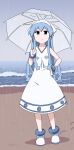 1girl absurdres anbe_masahiro bangs bare_arms bare_shoulders beach blue_eyes blue_hair bracelet clenched_hand closed_mouth collarbone contrapposto day dress footprints frown full_body furrowed_eyebrows hand_on_hip hand_up highres holding holding_umbrella horizon ikamusume jewelry long_hair looking_up marine_day medium_dress ocean official_art outdoors rain sand shinryaku!_ikamusume sky sleeveless sleeveless_dress solo standing tareme tentacle_hair transparent transparent_umbrella umbrella very_long_hair water white_dress white_footwear white_headwear 