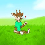  anthro antlers blue_sky brown_body brown_fur cervid clothing cloud darwin_(tinydeerguy) eating footwear fur grass green_clothing green_eyes green_shirt green_topwear hi_res horn khaki_pants male mammal mmmm outside plant shirt signature sky socks solo t-shirt tinydeerguy topwear white_clothing white_footwear white_socks 