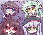  4girls ahoge akagi_(azur_lane) animal_ear_fluff azur_lane beret black_headwear black_kimono blue_eyes blue_hair blue_shirt braid brown_hair brown_tail chibi crossover eyebrows_visible_through_hair fan fate_(series) folding_fan girls_frontline green_eyes green_hair hat highres hk416_(girls_frontline) japanese_clothes kantai_collection kashimu kimono kitsune kiyohime_(fate) kyuubi long_hair looking_at_viewer multiple_girls multiple_tails open_mouth red_eyes shaded_face shigure_(kancolle) shirt simple_background tail white_kimono yandere 