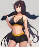  1girl alternate_costume anchor_symbol bikini black_bikini black_hair black_shorts black_towel breasts cleavage closed_mouth collarbone grey_background hair_between_eyes highres holding holding_towel kantai_collection kasumi_(skchkko) large_breasts long_hair nagato_(kancolle) navel red_eyes shorts simple_background solo swimsuit towel 