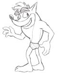  activision anthro barefoot black_and_white briefs butt clothed clothing crash_bandicoot crash_bandicoot_(series) feet heart_pattern male monochrome open_mouth simple_background sketch smile solo teeth_showing thegreatmatsutzu topless underwear video_games white_background 